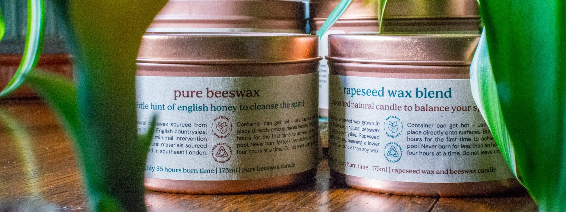 Croft & Wylde container candles in rose gold tins with kraft recycled labels that say 'pure beeswax' and 'rapeseed wax blend' are seen pictured next to houseplant foliage on a table indoors.
