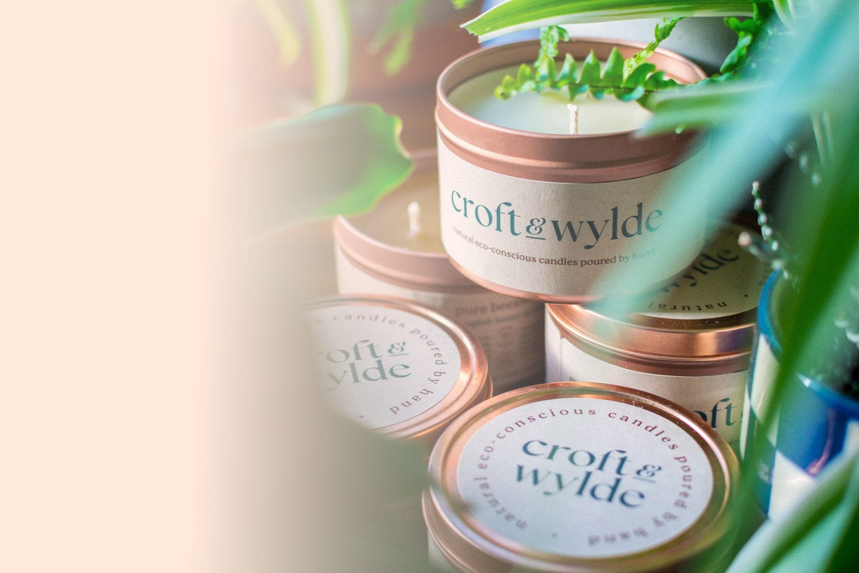 Croft & Wylde container candles in rose gold tins with kraft recycled labels that say 'Croft and Wylde - natural eco-conscious candles poured by hand' are seen pictured next to houseplant foliage on a table indoors, with a rose colour overlay casting over the left side of the image.