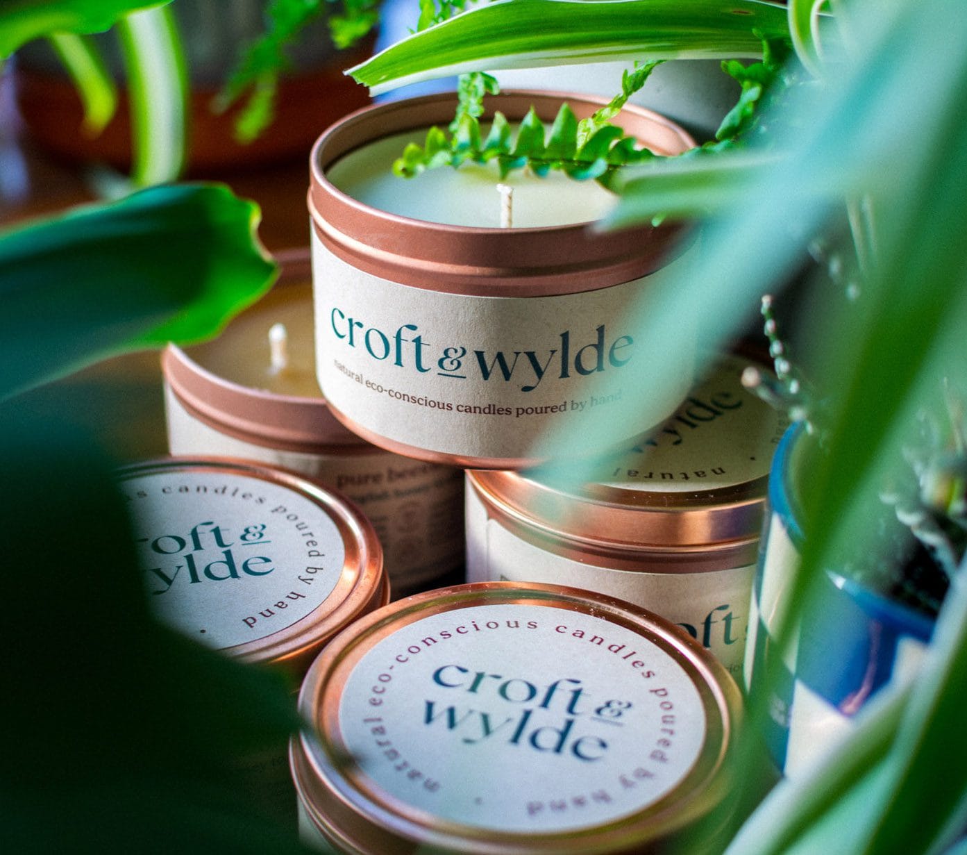 Croft & Wylde container candles in rose gold tins with kraft recycled labels that say 'Croft and Wylde - natural eco-conscious candles poured by hand' are seen pictured next to houseplant foliage on a table indoors.
