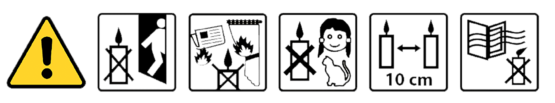 Various candle safety icons show an exclamation mark warning alongside illustrations of proper and improper use including not leaving candles burning unattended, not placing near flammable objects, not burning near animals or children, keeping candles at least 10cm apart, and not burning near open windows or drafts.